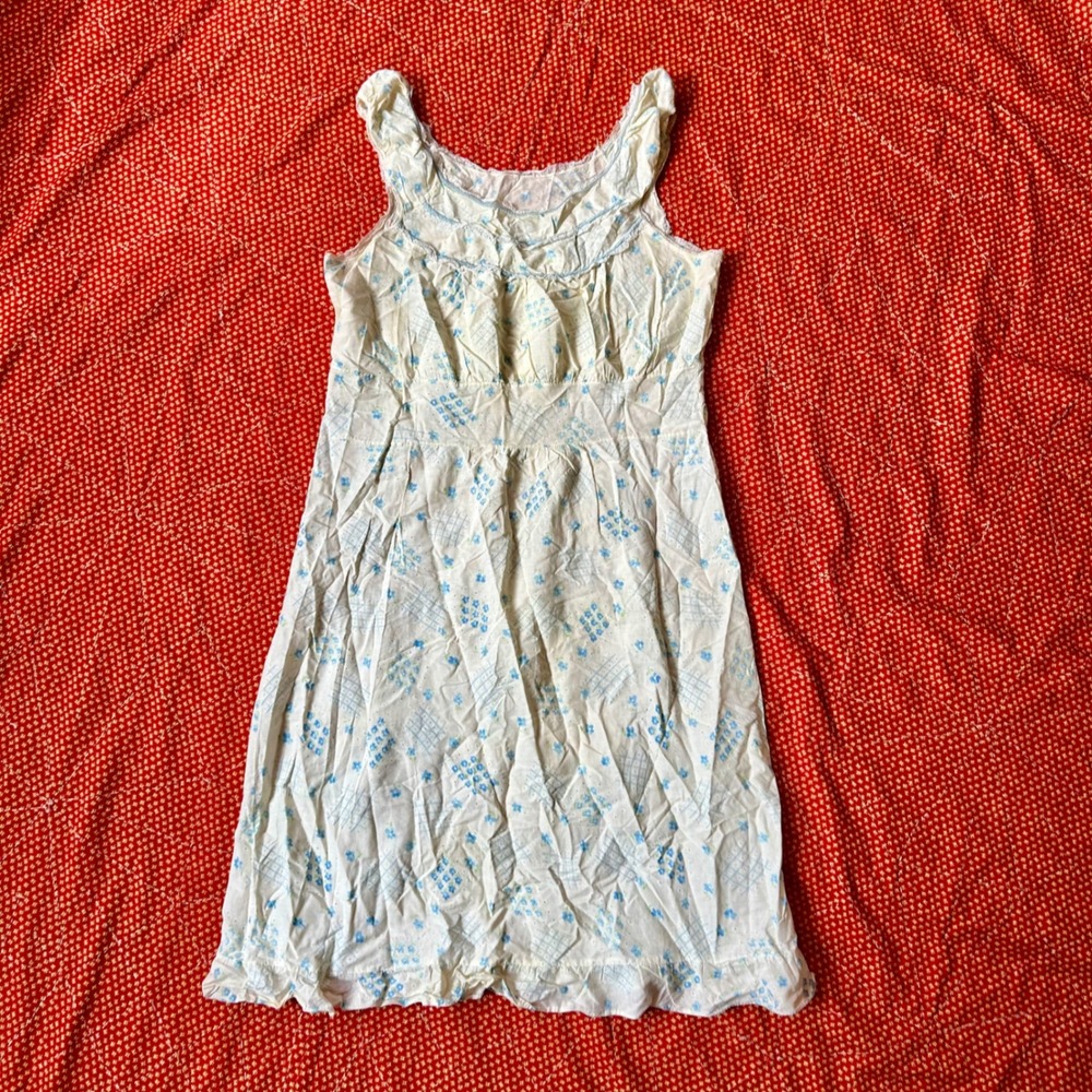 Vintage 1940s Floral Lace Trim Nightgown Sleep Dress White Blue Sleeveless